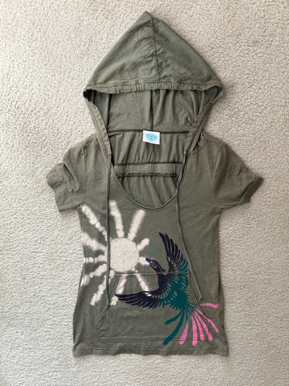 Free people Y2K women’s Hooded Tee with Bird & Sun Graphic - Olive Green